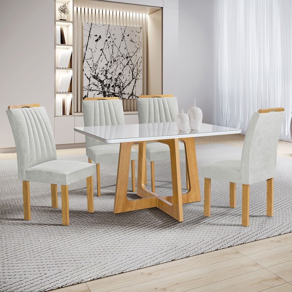 Mesa de Jantar 4 Lugares Arizona com Vidro Cinamomo/Off White/Boucle Gelo 20767 - Cel Móveis