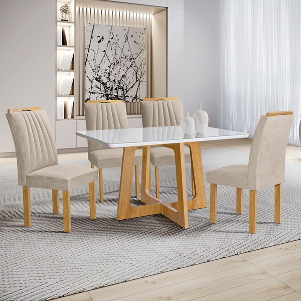 Mesa de Jantar 4 Lugares Arizona com Vidro Cinamomo/Off White/Boucle Bege 20767 - Cel Móveis
