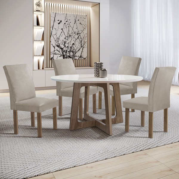 Mesa de Jantar 4 Lugares Arizona Canela com Vidro Chocolate/Off White/Veludo Bege Claro 20770  - Cel Móveis