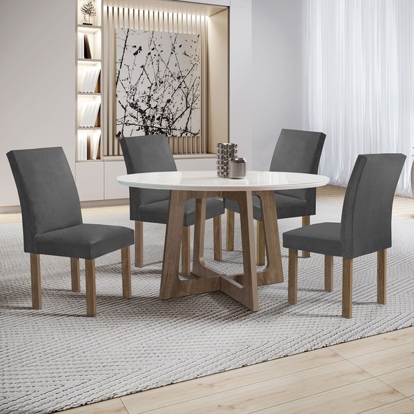 Mesa de Jantar 4 Lugares Arizona Canela com Vidro Chocolate/Off White/Veludo Cinza 20770 - Cel Móveis