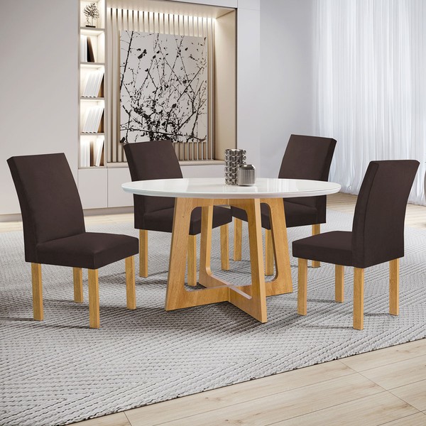 Mesa de Jantar 4 Lugares Arizona Canela com Vidro Cinamomo/Off White/Veludo Marrom 20770  - Cel Móveis