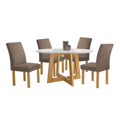 Mesa de Jantar 4 Lugares Arizona Canela com Vidro Cinamomo/Off White/Veludo Bege Escuro 20770  - Cel Móveis