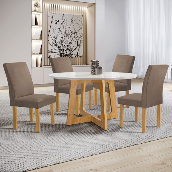Mesa de Jantar 4 Lugares Arizona Canela com Vidro Cinamomo/Off White/Veludo Bege Escuro 20770  - Cel Móveis