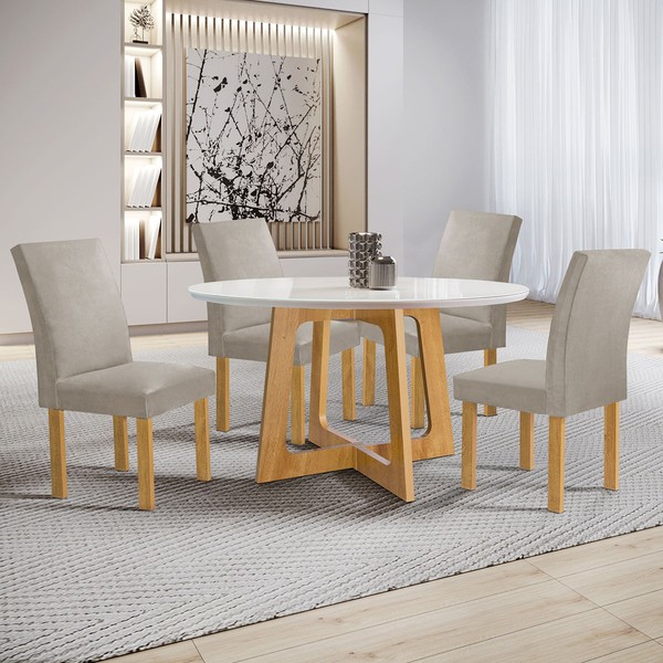 Mesa de Jantar 4 Lugares Arizona Canela com Vidro Cinamomo/Off White/Veludo Bege Claro 20770 - Cel Móveis
