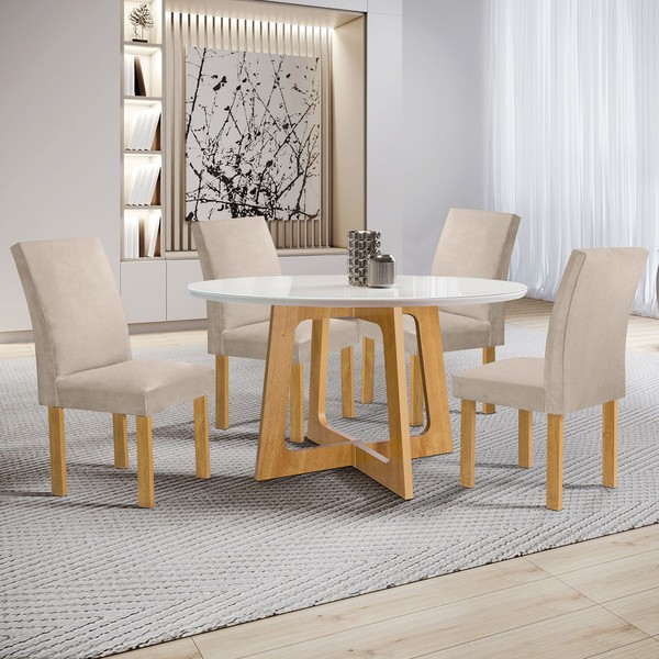 Mesa de Jantar 4 Lugares Arizona Canela com Vidro Cinamomo/Off White/Boucle Bege 20770  - Cel Móveis