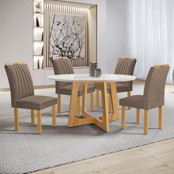 Mesa de Jantar 4 Lugares Arizona com Vidro Cinamomo/Off White/Bege Escuro 20771 - Cel Móveis