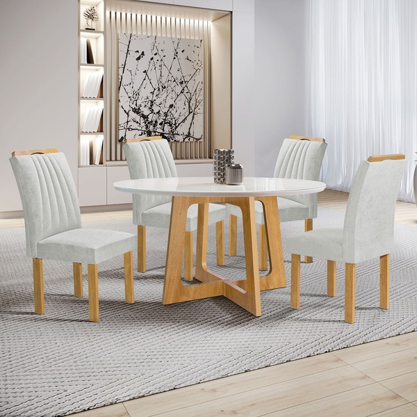 Mesa de Jantar 4 Lugares Arizona com Vidro Cinamomo/Off White/Boucle Gelo 20771 - Cel Móveis