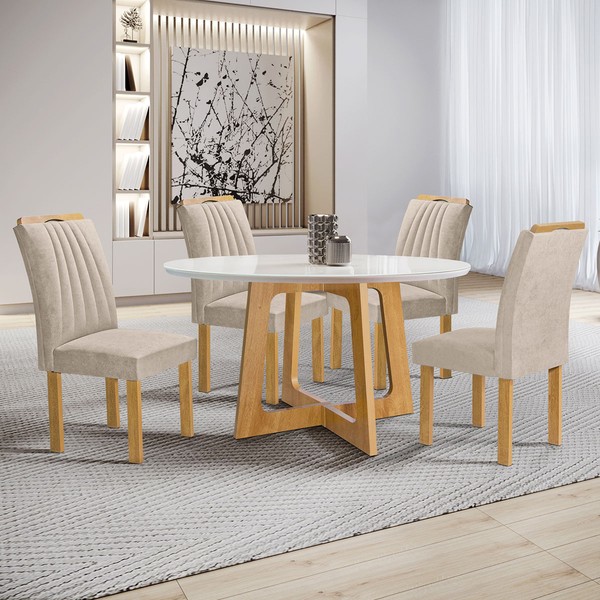 Mesa de Jantar 4 Lugares Arizona com Vidro Cinamomo/Off White/Boucle Bege 20771  - Cel Móveis