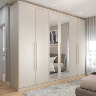 Guarda-Roupa Casal Madalena 6 Portas 6 Gavetas 100% Mdf com Espelho Off White - Panorama Móveis