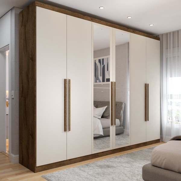 Guarda-Roupa Casal Madalena 6 Portas 6 Gavetas 100% Mdf com Espelho Brauna/Off White - Panorama Móveis