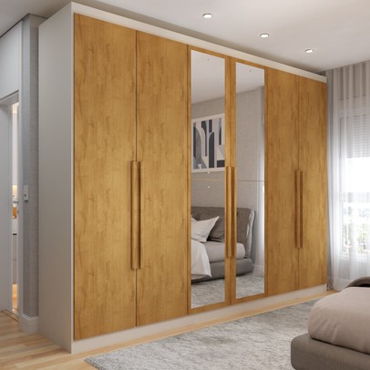 Guarda-Roupa Casal Madalena 6 Portas 6 Gavetas 100% Mdf com Espelho Off White/Peroba - Panorama Móveis