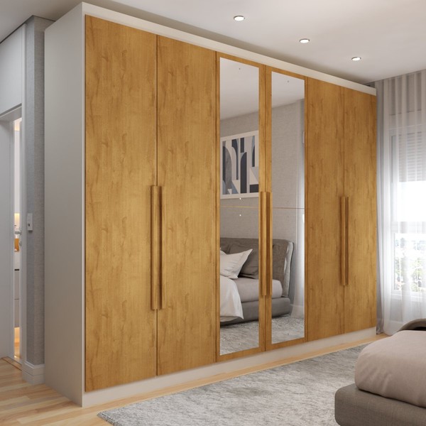 Guarda-Roupa Casal Madalena 6 Portas 6 Gavetas 100% Mdf com Espelho Off White/Peroba - Panorama Móveis