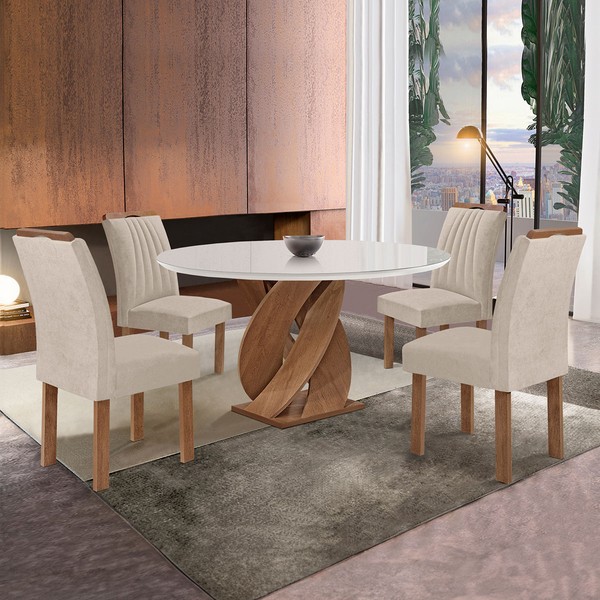 Mesa de Jantar 4 Lugares Luna Arizona com Vidro 100% Mdf Chocolate/Off White/Boucle Bege 20782 - Cel Móveis