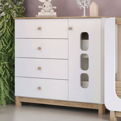 Cômoda Infantil Aconchego 1 Porta 4 Gavetas Branco/Jequitibá Hp - Henn
