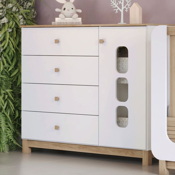 Cômoda Infantil Aconchego 1 Porta 4 Gavetas Branco/Jequitibá Hp - Henn