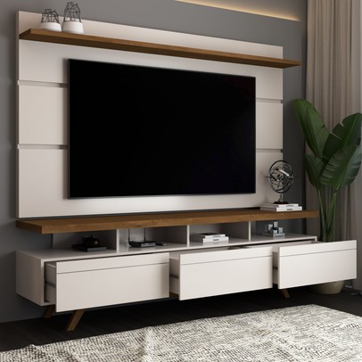 Rack com Painel para TV Até 72 Polegadas Armênia 3 Gavetas Off White/Freijó - Panorama Móveis