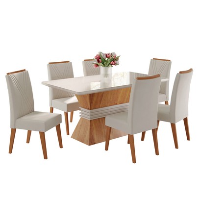 Mesa de Jantar 6 Lugares Brotherhood com Vidro Mel/Marfim/Off White - Panorama Móveis