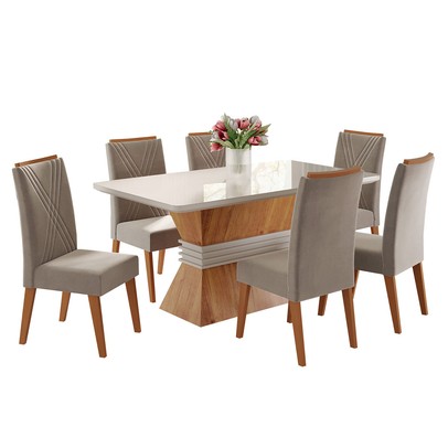 Mesa de Jantar 6 Lugares Brotherhood com Vidro Mel/Perola/Off White - Panorama Móveis