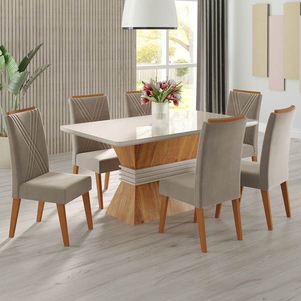 Mesa de Jantar 6 Lugares Brotherhood com Vidro Mel/Perola/Off White - Panorama Móveis