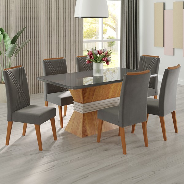 Mesa de Jantar 6 Lugares Brotherhood com Vidro Mel/Grafite - Panorama Móveis
