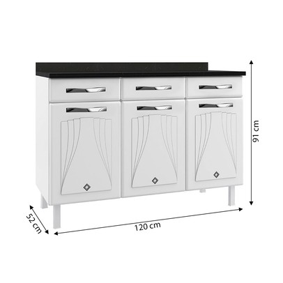 Balcão de Cozinha em Aço Star New 3 Portas 3 Gavetas Branco - Telasul