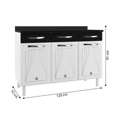 Balcão de Cozinha em Aço Star New 3 Portas 3 Gavetas Branco/Preto - Telasul