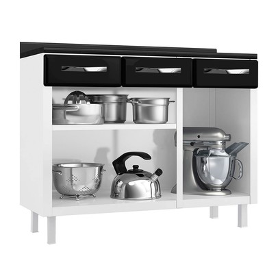 Balcão de Cozinha em Aço Star New 3 Portas 3 Gavetas Branco/Preto - Telasul