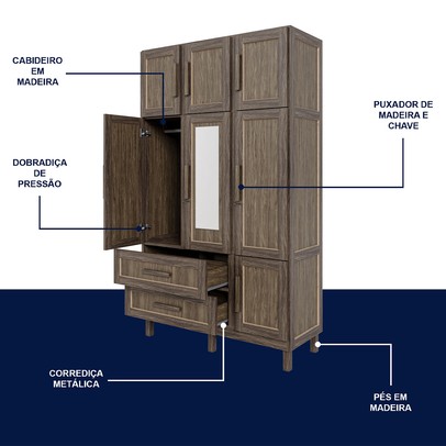 Guarda-Roupa Solteiro Ceará 7 Portas 2 Gavetas 2 Prateleiras com Espelho Imbuia Natural - Rodmóveis