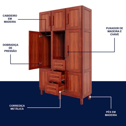 Guarda-Roupa Solteiro Pará 7 Portas 3 Gavetas 4 Prateleiras com Espelho Mel - Rodmóveis