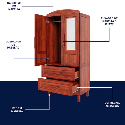 Guarda-Roupa Solteiro Bacuri 2 Portas 2 Gavetas com Espelho Mel - Rodmóveis