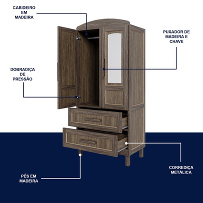 Guarda-Roupa Solteiro Bacuri 2 Portas 2 Gavetas com Espelho Imbuia Natural - Rodmóveis