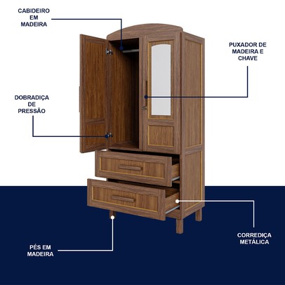 Guarda-Roupa Solteiro Bacuri 2 Portas 2 Gavetas com Espelho Ypê - Rodmóveis