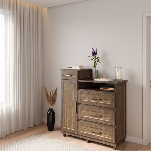 Cômoda Mato Grosso 1 Portas 3 Gavetas com Espelho Imbuia Natural - Rodmóveis