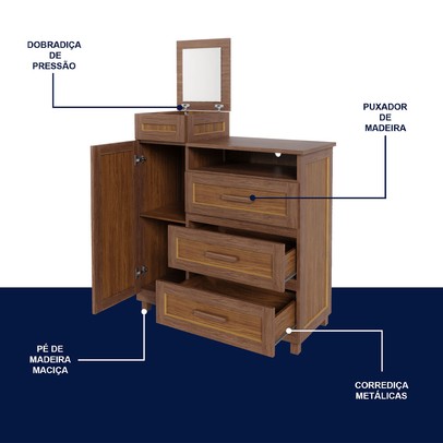 Cômoda Mato Grosso 1 Portas 3 Gavetas com Espelho Ypê - Rodmóveis