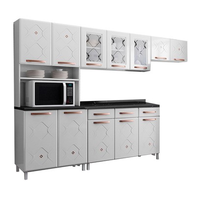 Cozinha de Aço Completa Mirage 12 Portas 3 Gavetas com Vidro Branco - Telasul