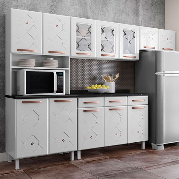Cozinha de Aço Completa Mirage 12 Portas 3 Gavetas com Vidro Branco - Telasul