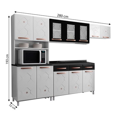 Cozinha de Aço Completa Mirage 12 Portas 3 Gavetas com Vidro Branco/Preto - Telasul