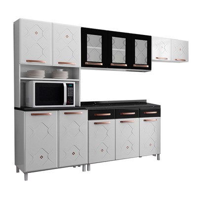 Cozinha de Aço Completa Mirage 12 Portas 3 Gavetas com Vidro Branco/Preto - Telasul