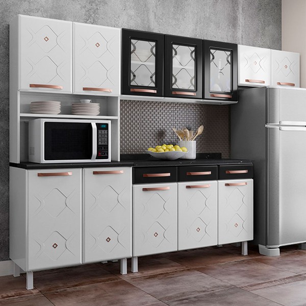 Cozinha de Aço Completa Mirage 12 Portas 3 Gavetas com Vidro Branco/Preto - Telasul