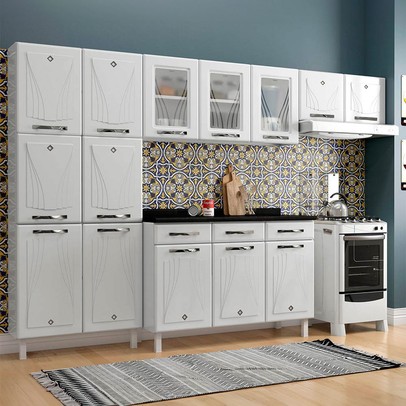 Cozinha Completa de Aço Star New 14 Portas 3 Gavetas com Vidro Branco - Telasul
