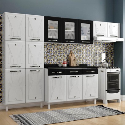 Cozinha Completa de Aço Star New 14 Portas 3 Gavetas com Vidro Branco/Preto - Telasul