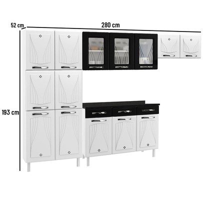 Cozinha Completa de Aço Star New 14 Portas 3 Gavetas com Vidro Branco/Preto - Telasul