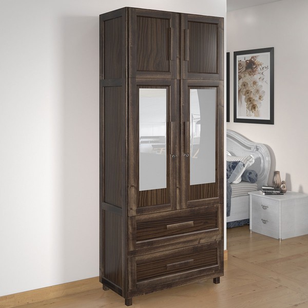 Guarda-Roupa Casal Piauí 4 Portas 2 Gavetas 1 Prateleira com Espelho Clean Madeira Maciça Imbuia Natural - Rodmóveis