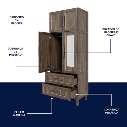 Guarda-Roupa Casal Piauí 4 Portas 2 Gavetas 1 Prateleira com Espelho Clean Madeira Maciça Imbuia Natural - Rodmóveis
