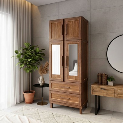 Guarda-Roupa Casal Piauí 4 Portas 2 Gavetas 1 Prateleira com Espelho Clean Madeira Maciça Imbuia Natural - Rodmóveis