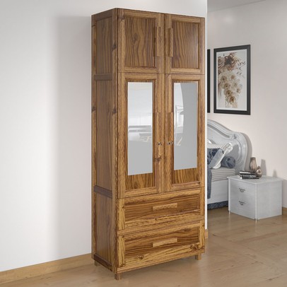 Guarda-Roupa Casal Piauí 4 Portas 2 Gavetas 1 Prateleira com Espelho Clean Madeira Maciça Ypê - Rodmóveis