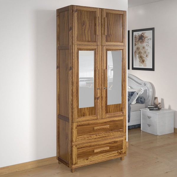 Guarda-Roupa Casal Piauí 4 Portas 2 Gavetas 1 Prateleira com Espelho Clean Madeira Maciça Ypê - Rodmóveis