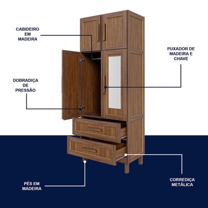 Guarda-Roupa Casal Piauí 4 Portas 2 Gavetas 1 Prateleira com Espelho Clean Madeira Maciça Ypê - Rodmóveis