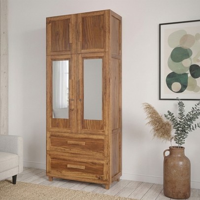 Guarda-Roupa Casal Piauí 4 Portas 2 Gavetas 1 Prateleira com Espelho Clean Madeira Maciça Ypê - Rodmóveis