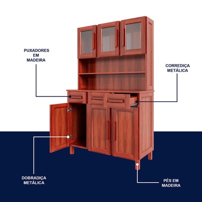 Armário de Cozinha Bahia 6 Portas 3 Gavetas com Vidro Mel - Rodmóveis